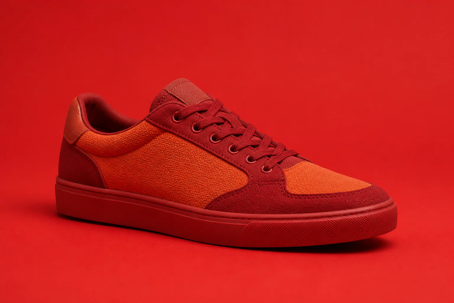 Czerwony sneaker o oryginalnym, neutralnym wzornictwie